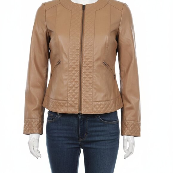 Bagatelle Women's XL Vintage Quilted Faux Leather Jacket Light Brown - Picture 2 of 15